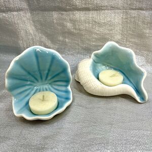 Ceramic Sea Shell Tea Light Candle Holders Set of 2